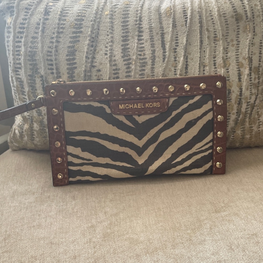 Michael Kors Zebra Pattern Wristlet with Gold Studs